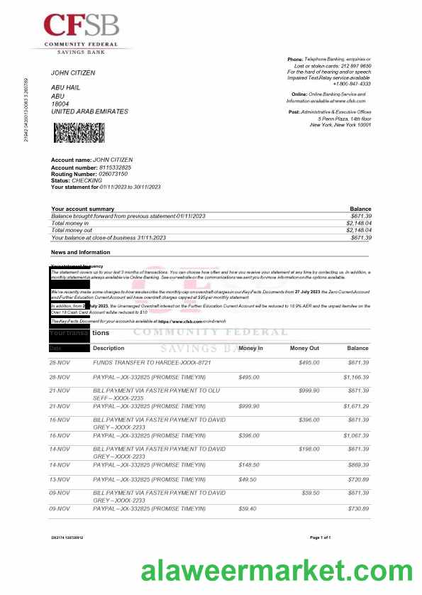 USA CFSB bank statement Word and PDF template